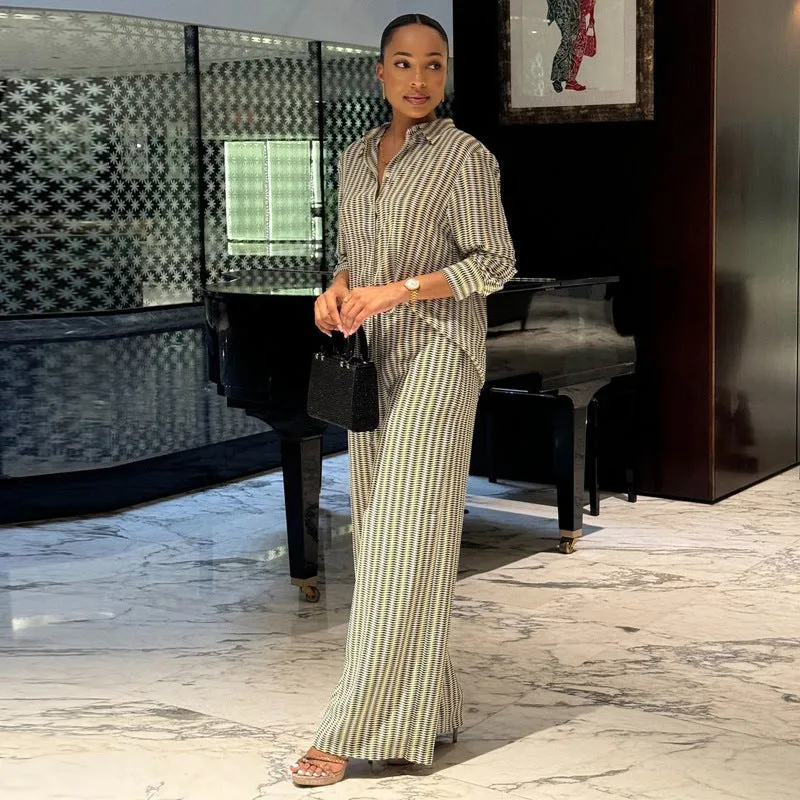 Chic Printed Long-Sleeve Shirt and Wide-Leg Pants Two-Piece Set for Effortless Elegance