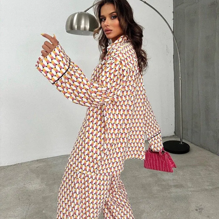 Chic Printed Loose Long-Sleeve Shirt and Trousers Two-Piece Set for Effortless Style
