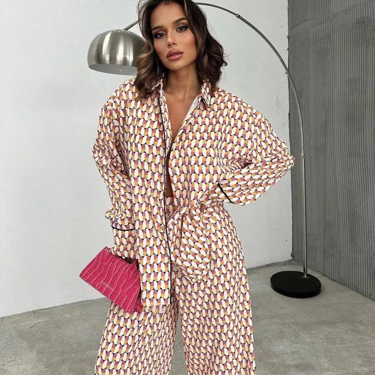 Chic Printed Loose Long-Sleeve Shirt and Trousers Two-Piece Set for Effortless Style