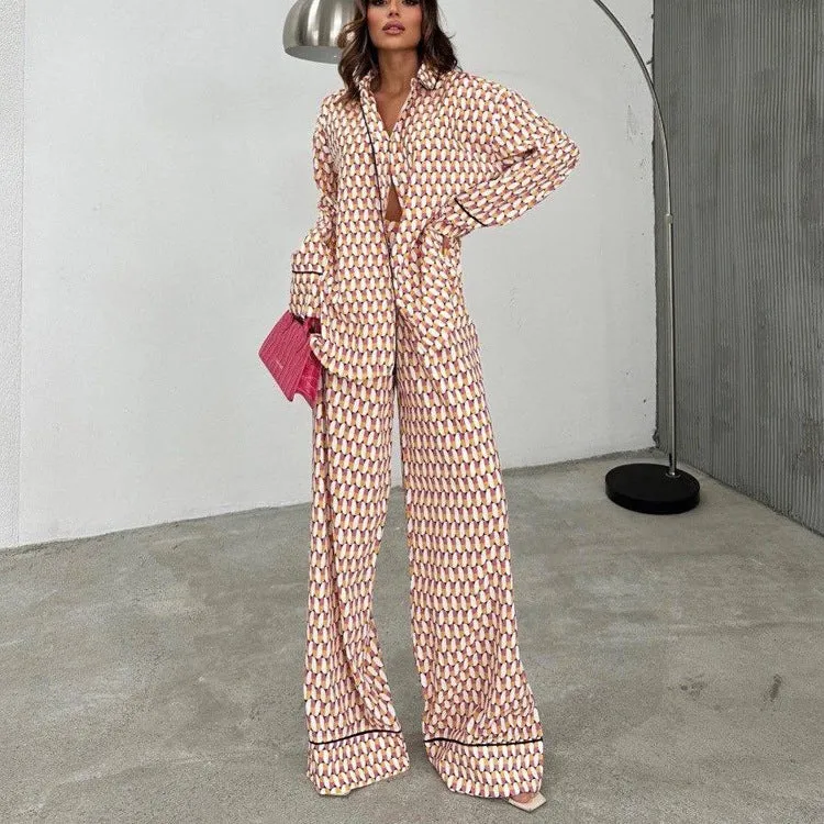 Chic Printed Loose Long-Sleeve Shirt and Trousers Two-Piece Set for Effortless Style