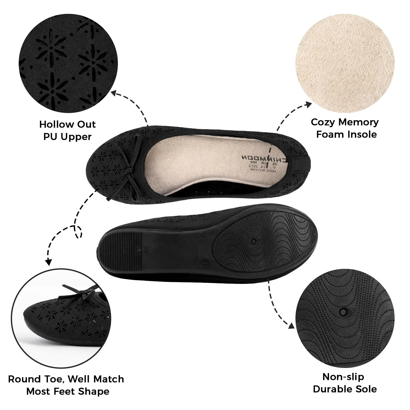 CHIN·MOON Women's Slip-Ons Ballet Flats Comfortable Lightweight Casual Dress Shoes