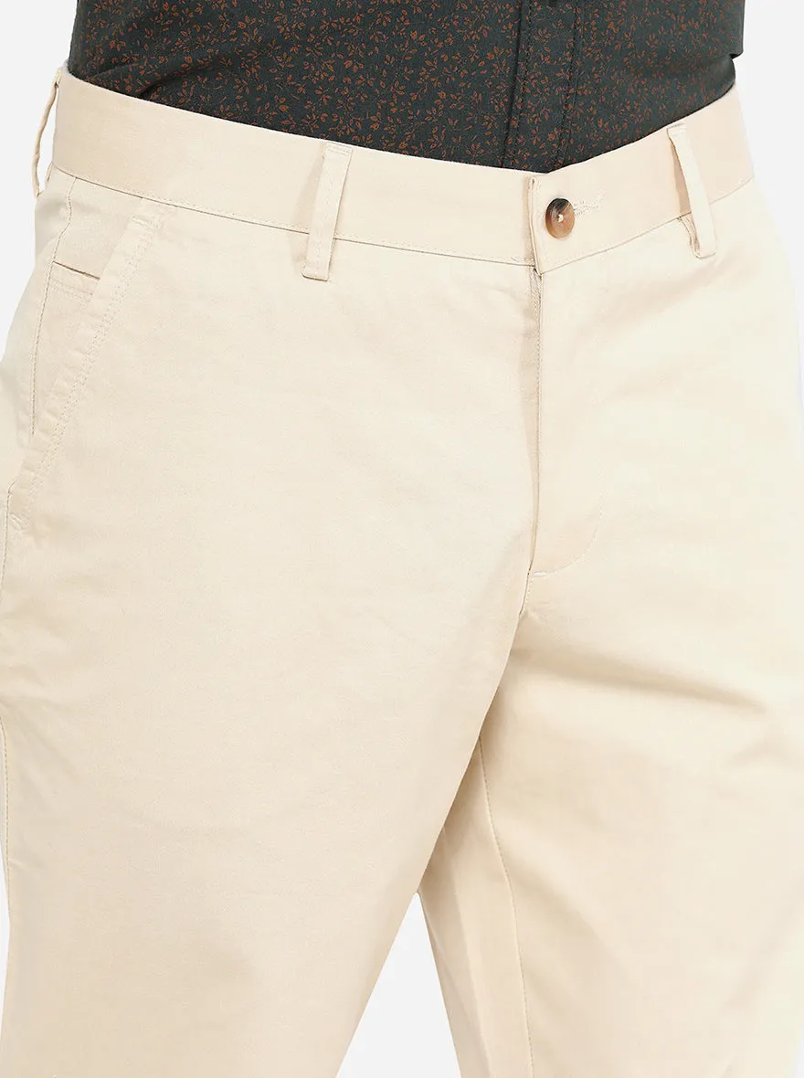 Cream Solid Slim Fit Casual Trouser | Greenfibre