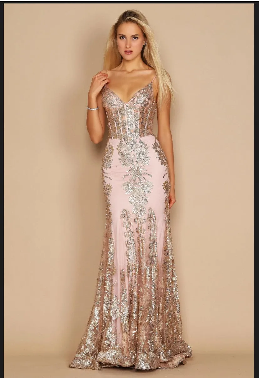Dylan's & Davids DD1238 Fitted Corset Long Formal Prom Dress Tiffany Gold
