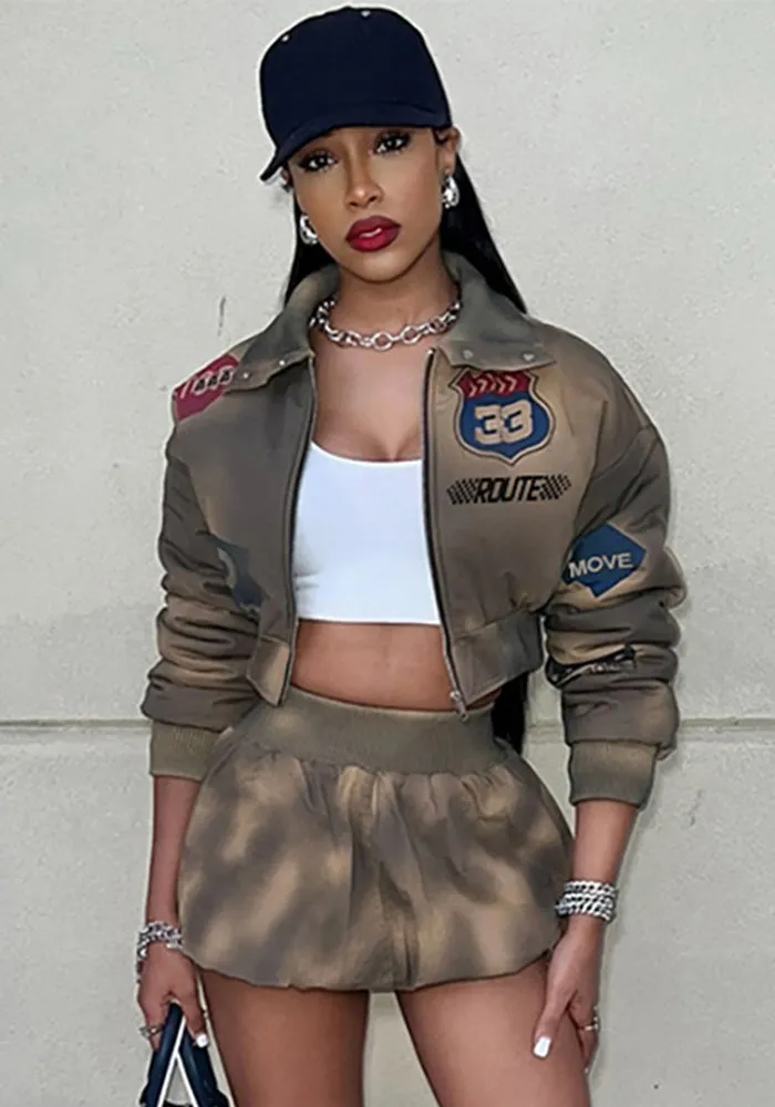 Edgy Cropped Jacket and High-Waist Bubble Skirt Two-Piece Set