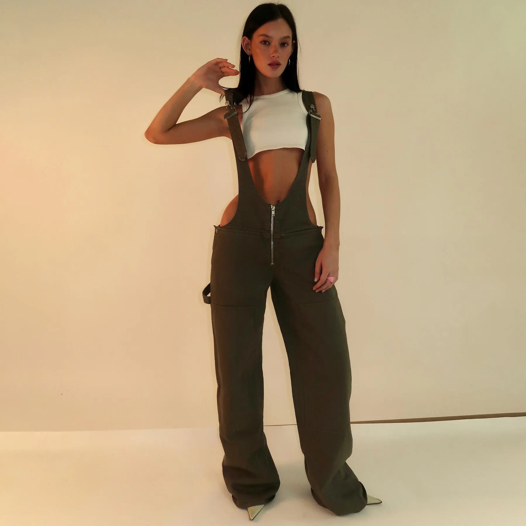 Edgy Wide-Leg Denim Overalls with Deep Cut Front