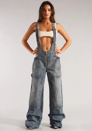 Edgy Wide-Leg Denim Overalls with Deep Cut Front