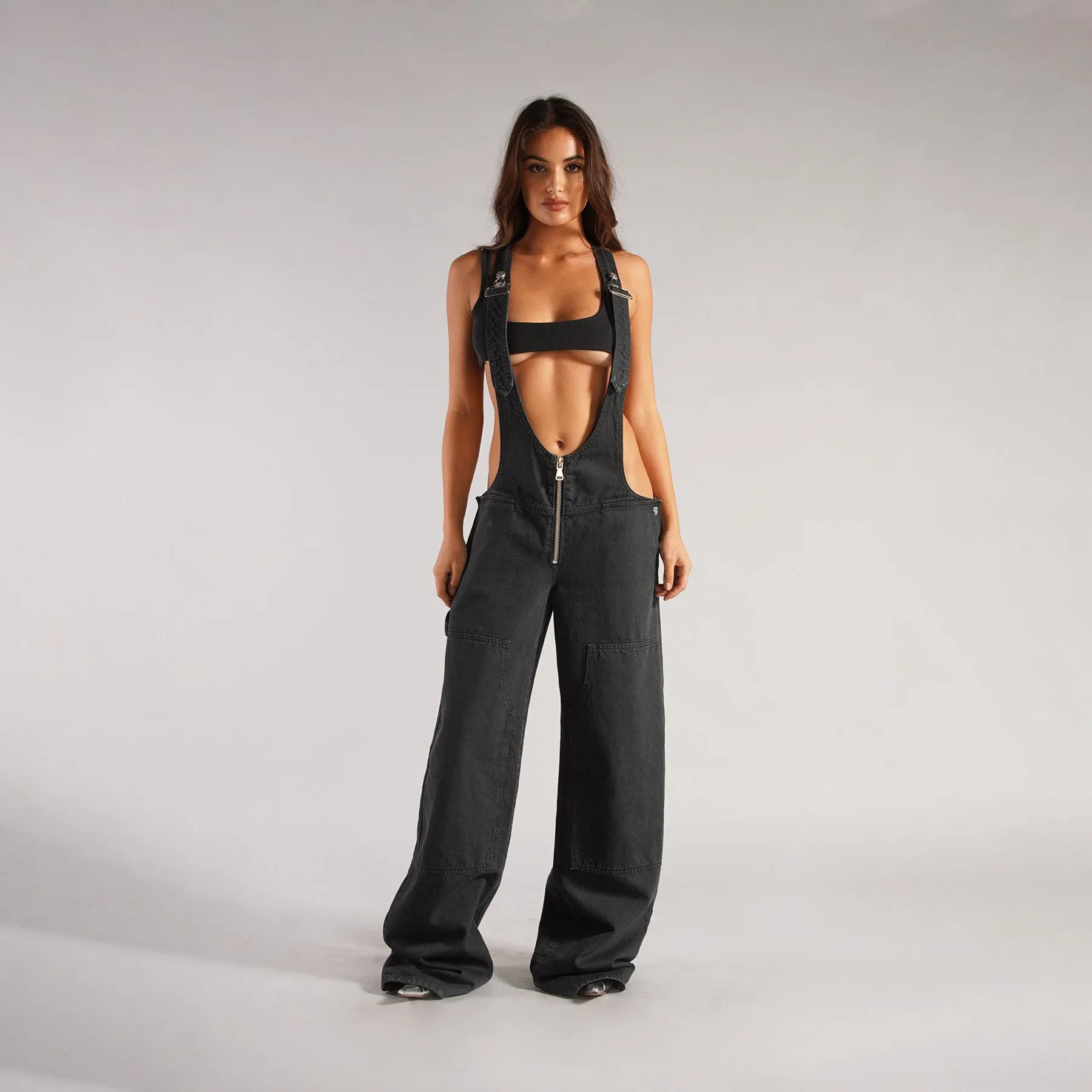 Edgy Wide-Leg Denim Overalls with Deep Cut Front