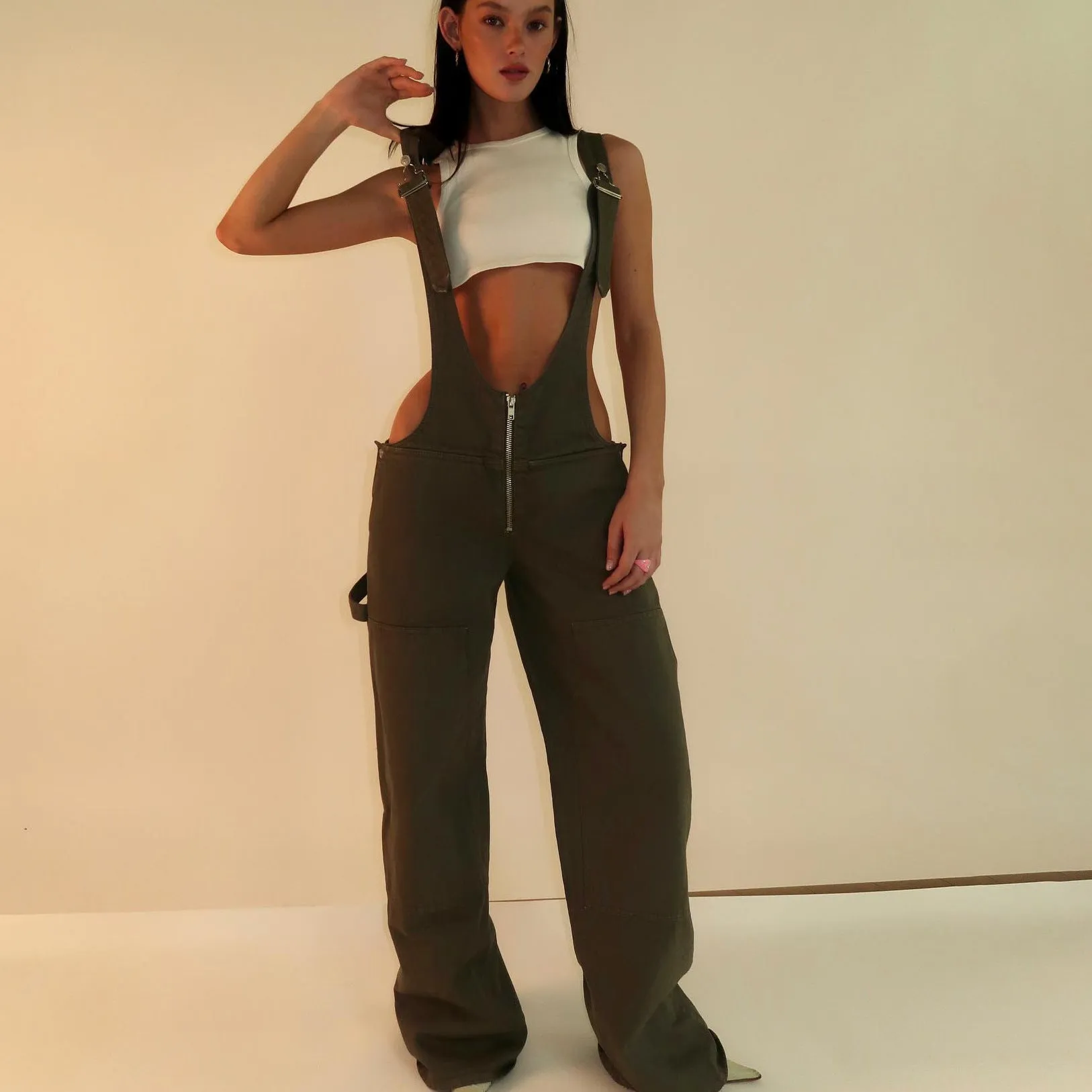 Edgy Wide-Leg Denim Overalls with Deep Cut Front