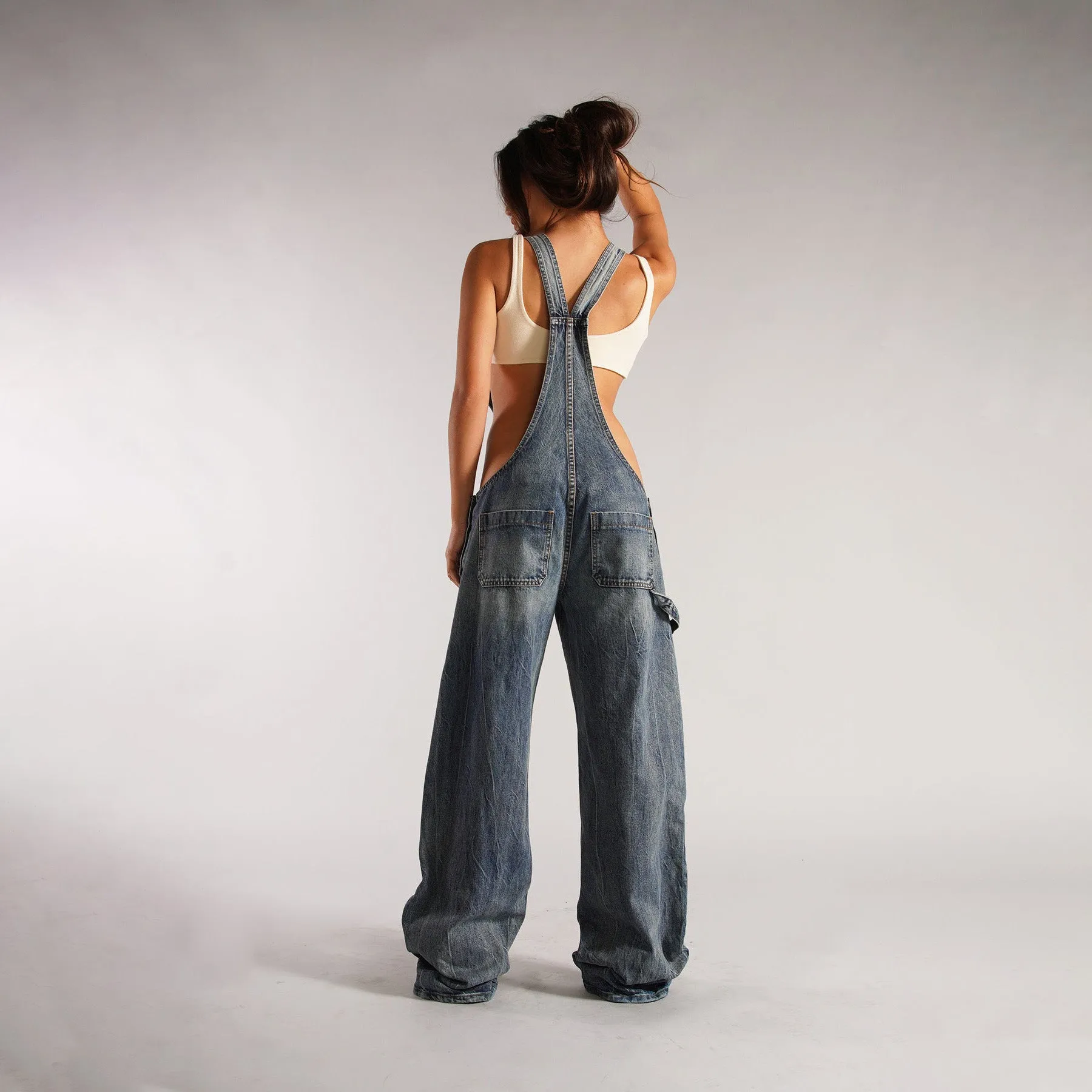 Edgy Wide-Leg Denim Overalls with Deep Cut Front
