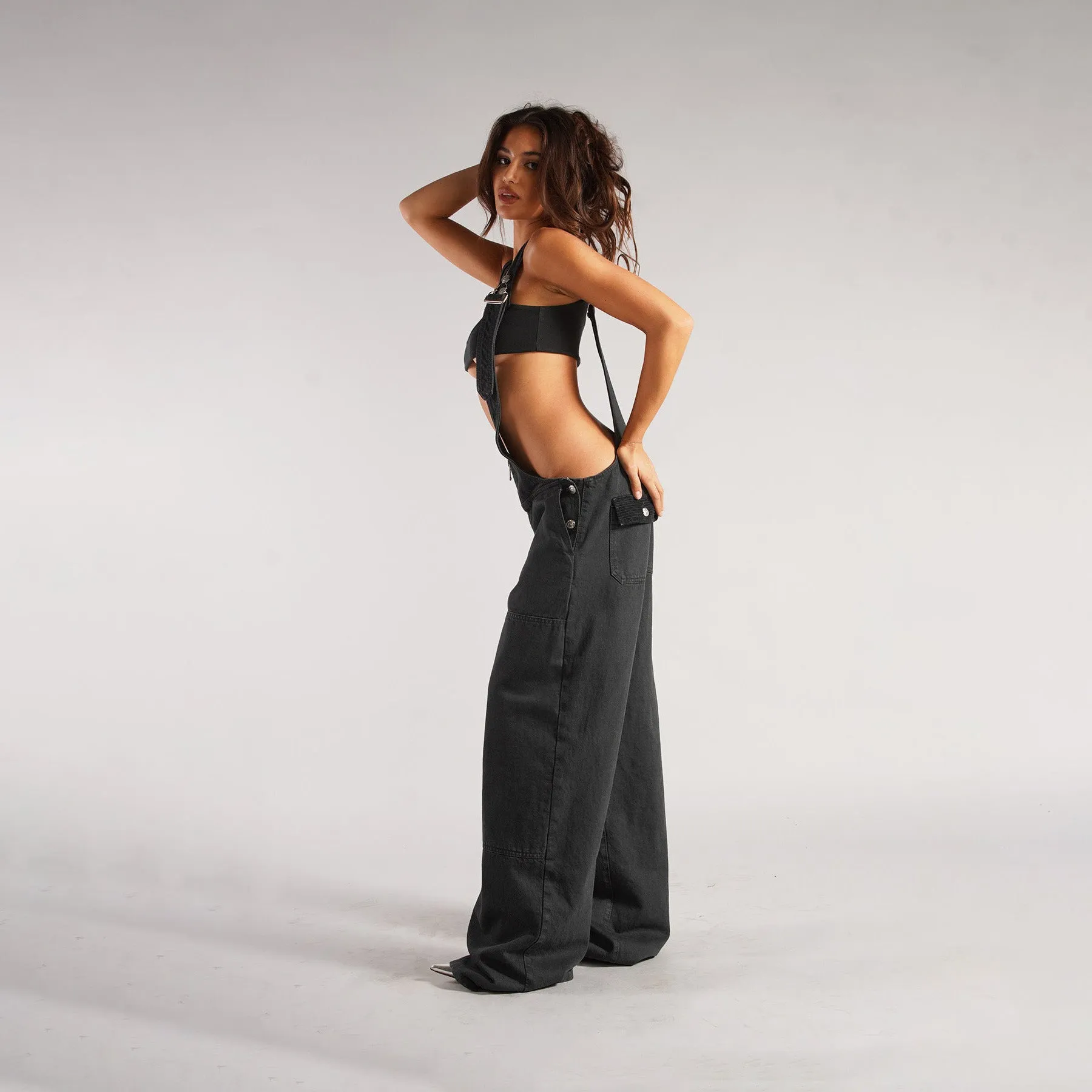 Edgy Wide-Leg Denim Overalls with Deep Cut Front