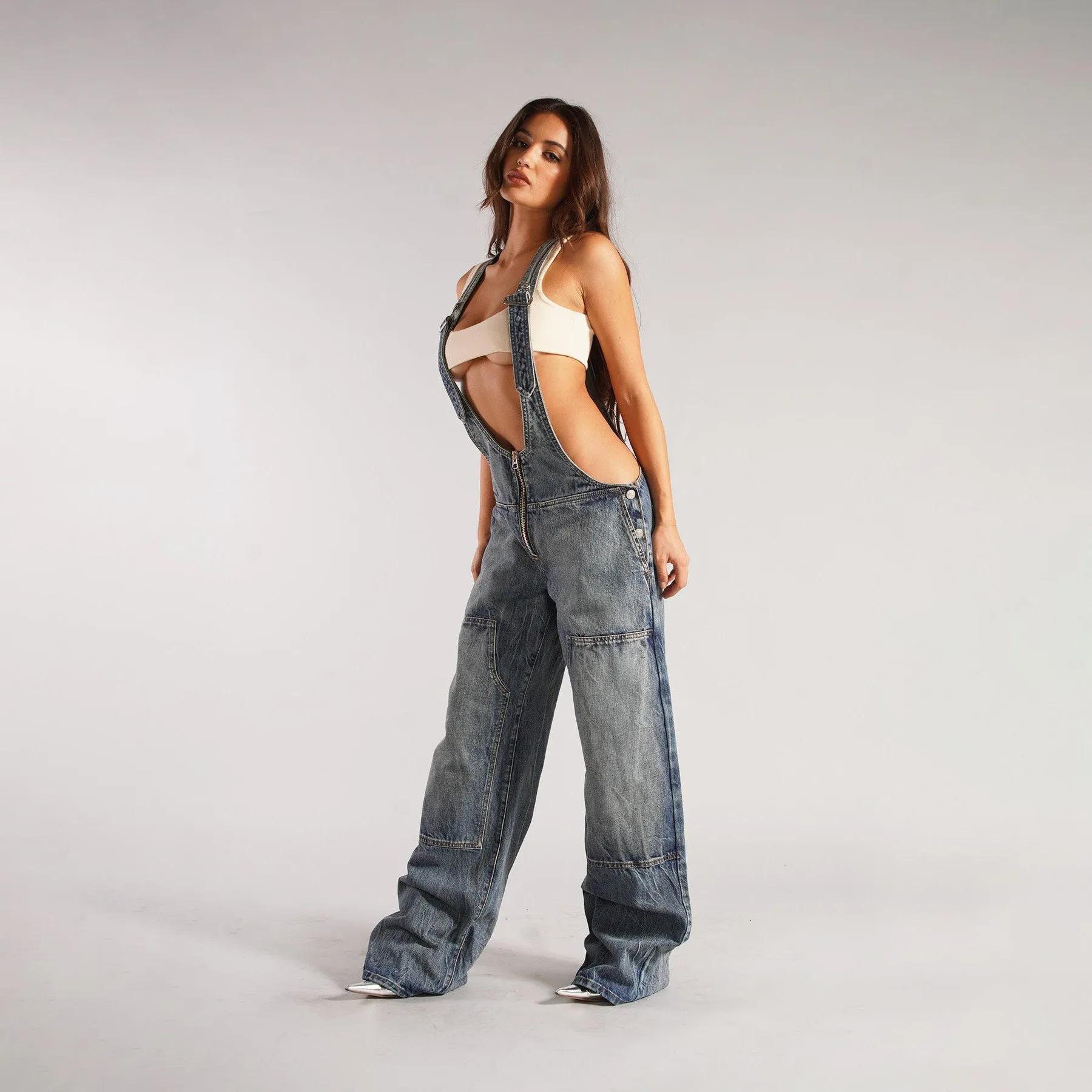 Edgy Wide-Leg Denim Overalls with Deep Cut Front
