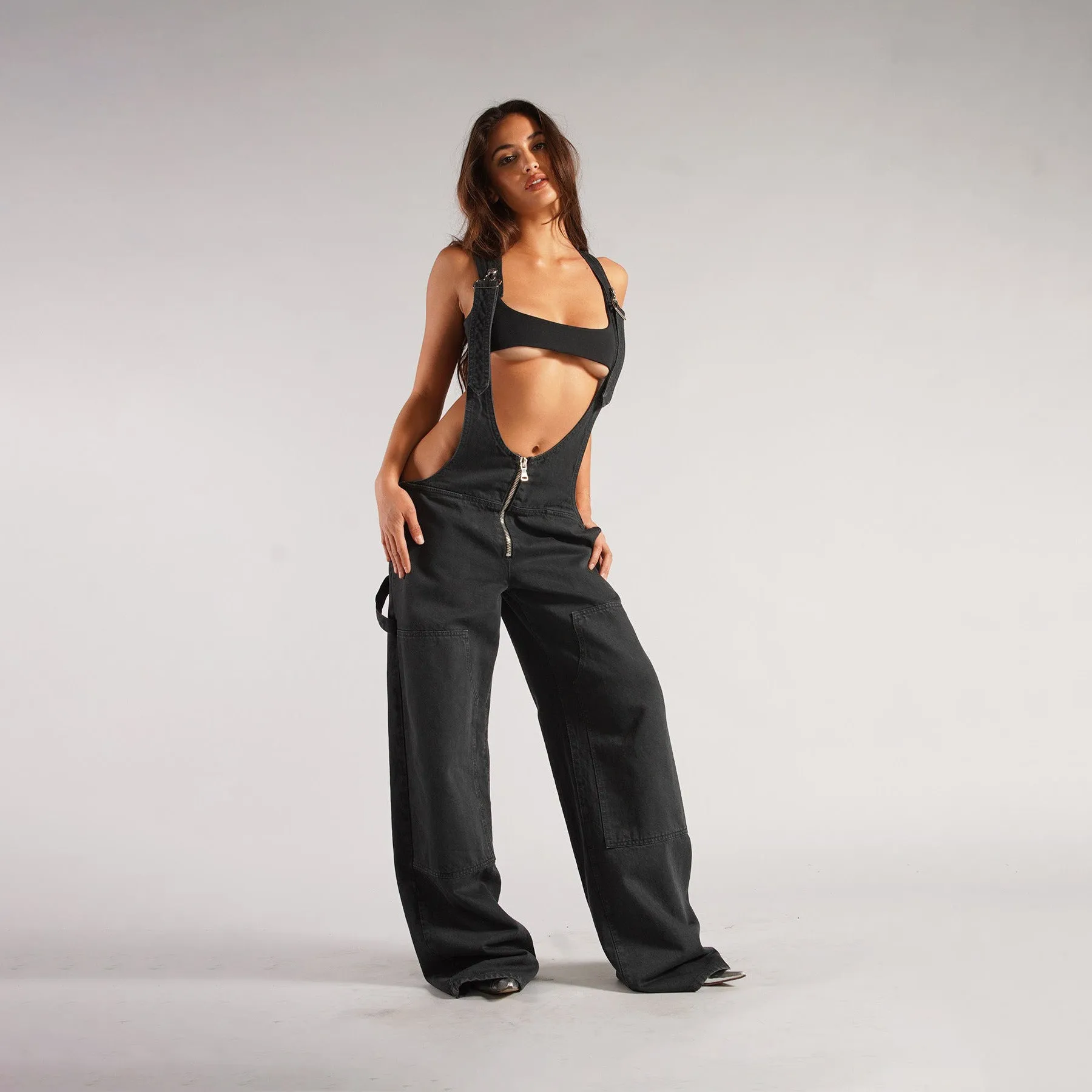 Edgy Wide-Leg Denim Overalls with Deep Cut Front