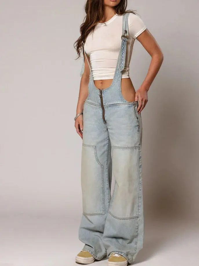 Edgy Wide-Leg Denim Overalls with Deep Cut Front