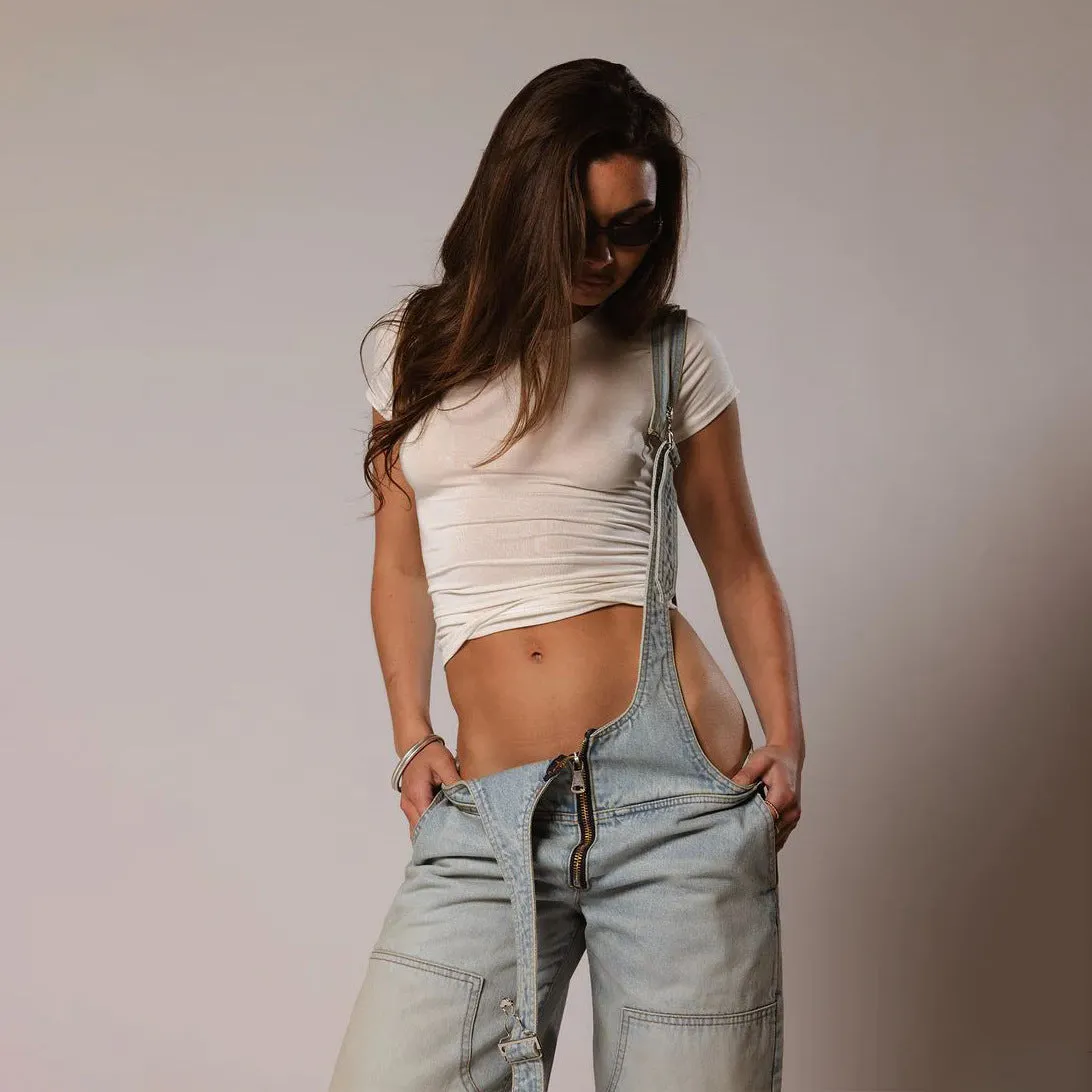 Edgy Wide-Leg Denim Overalls with Deep Cut Front