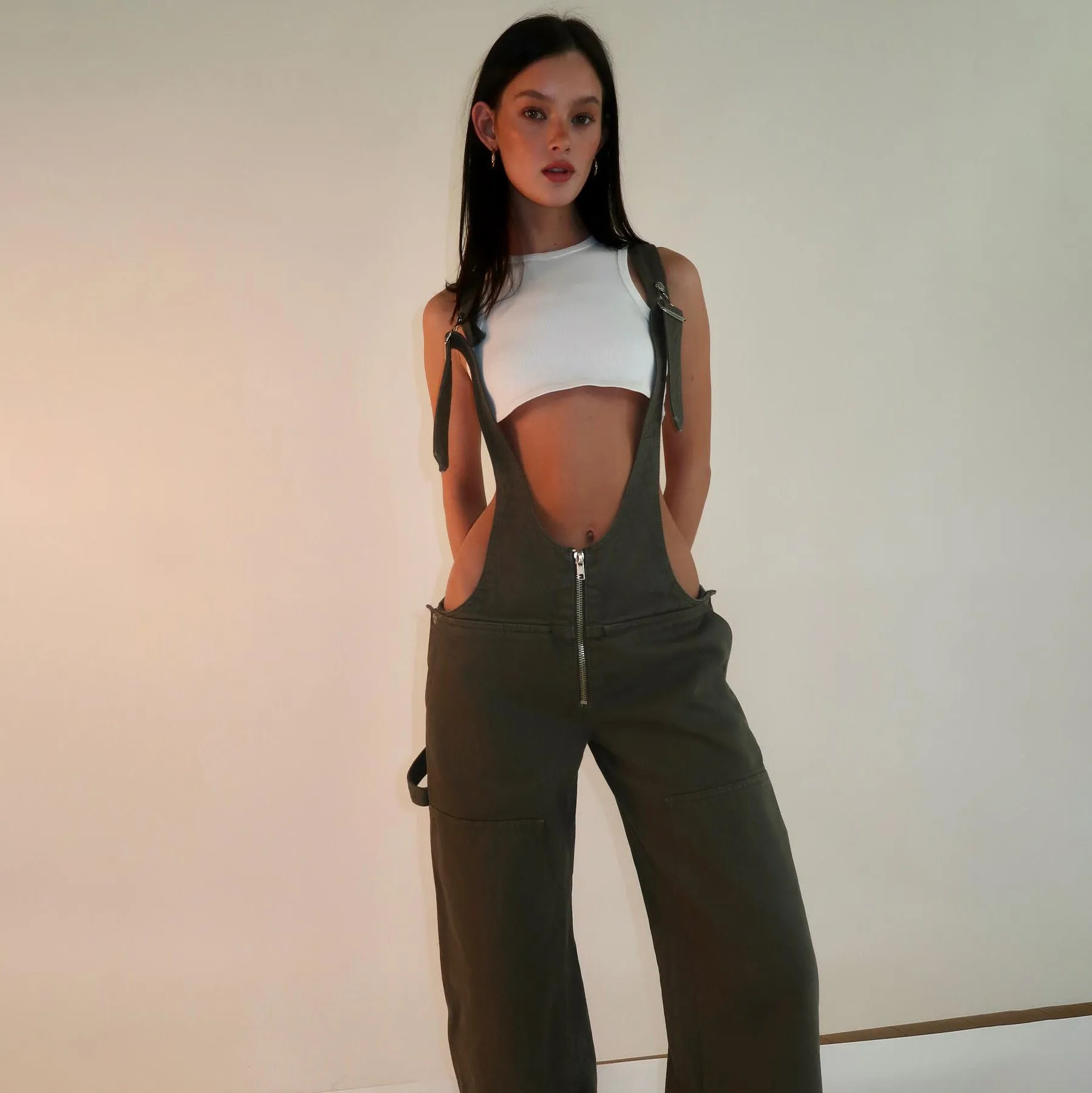 Edgy Wide-Leg Denim Overalls with Deep Cut Front