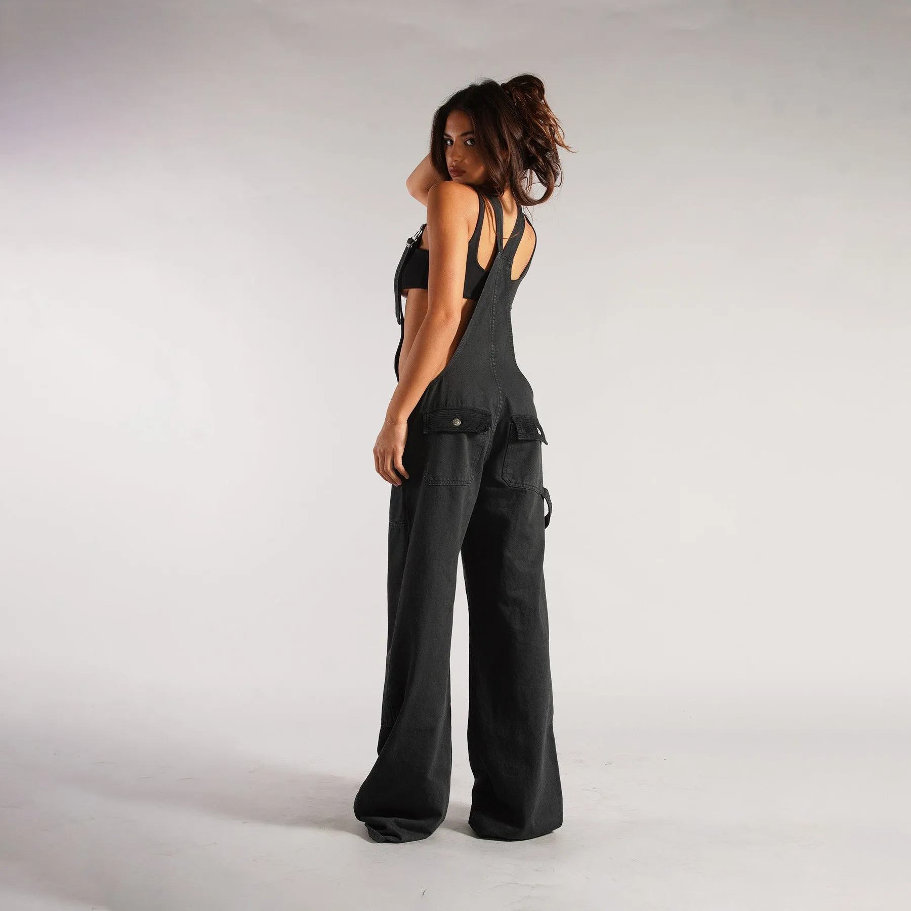 Edgy Wide-Leg Denim Overalls with Deep Cut Front