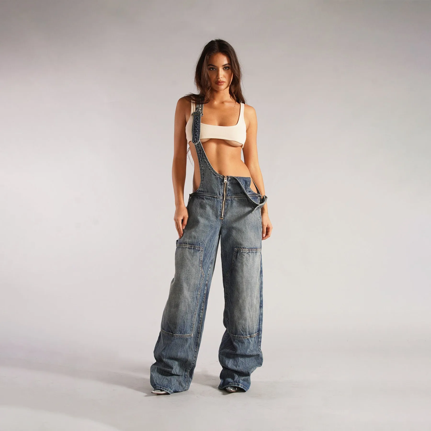 Edgy Wide-Leg Denim Overalls with Deep Cut Front