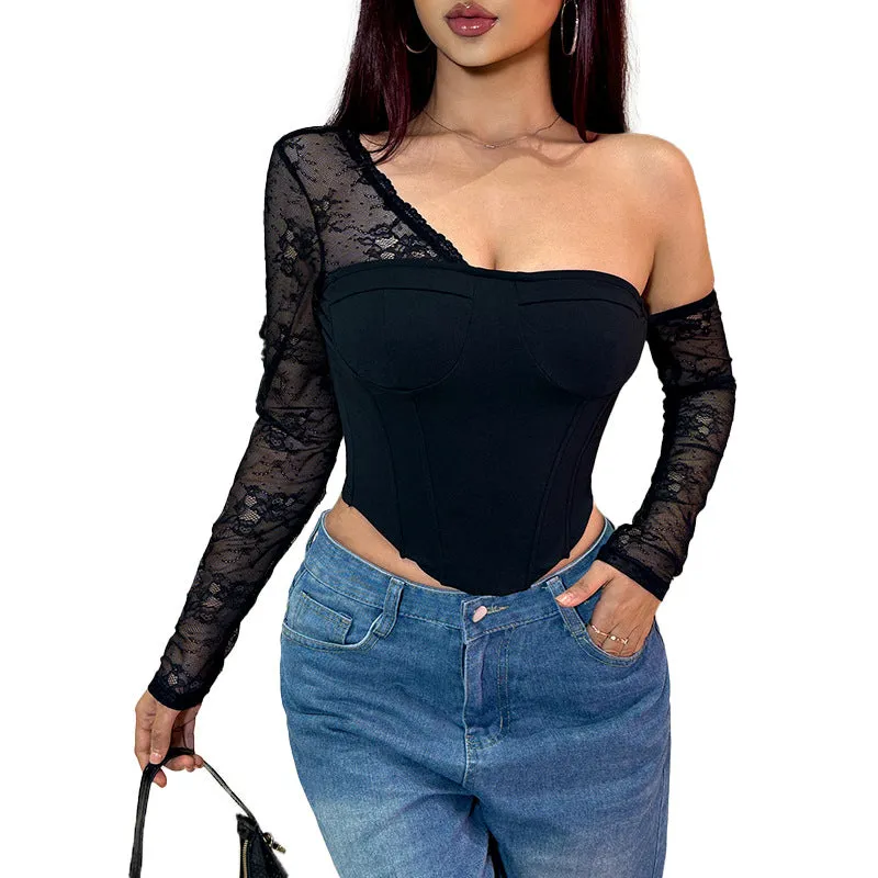 Elegant Asymmetric Slash-Shoulder Lace Patchwork Corset Top