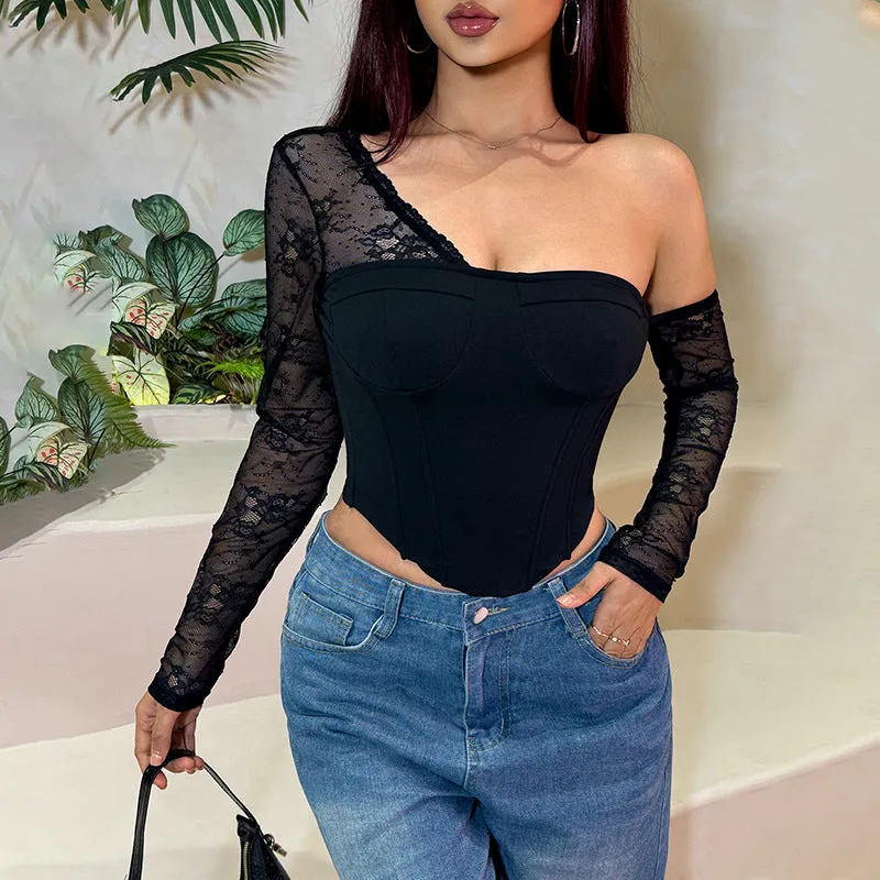Elegant Asymmetric Slash-Shoulder Lace Patchwork Corset Top