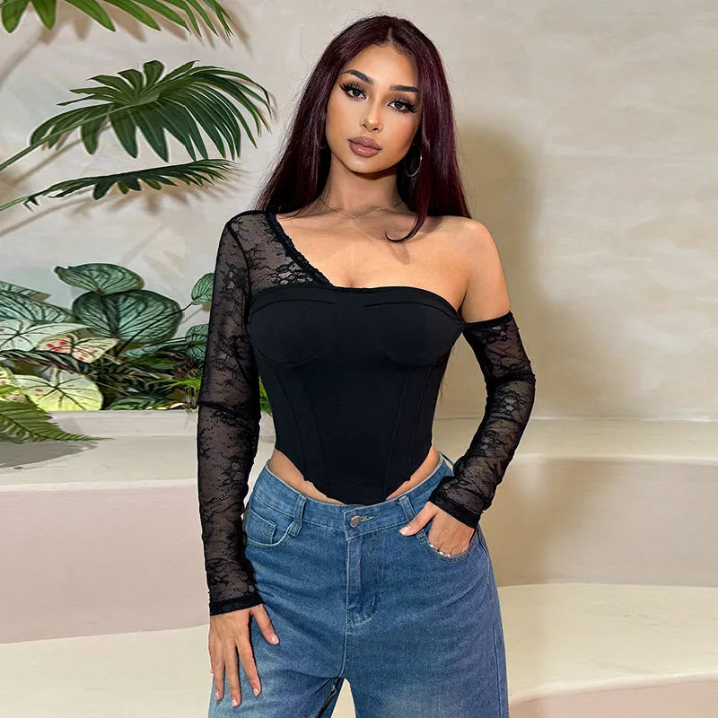 Elegant Asymmetric Slash-Shoulder Lace Patchwork Corset Top