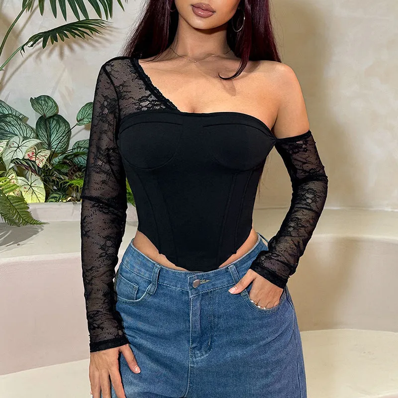 Elegant Asymmetric Slash-Shoulder Lace Patchwork Corset Top