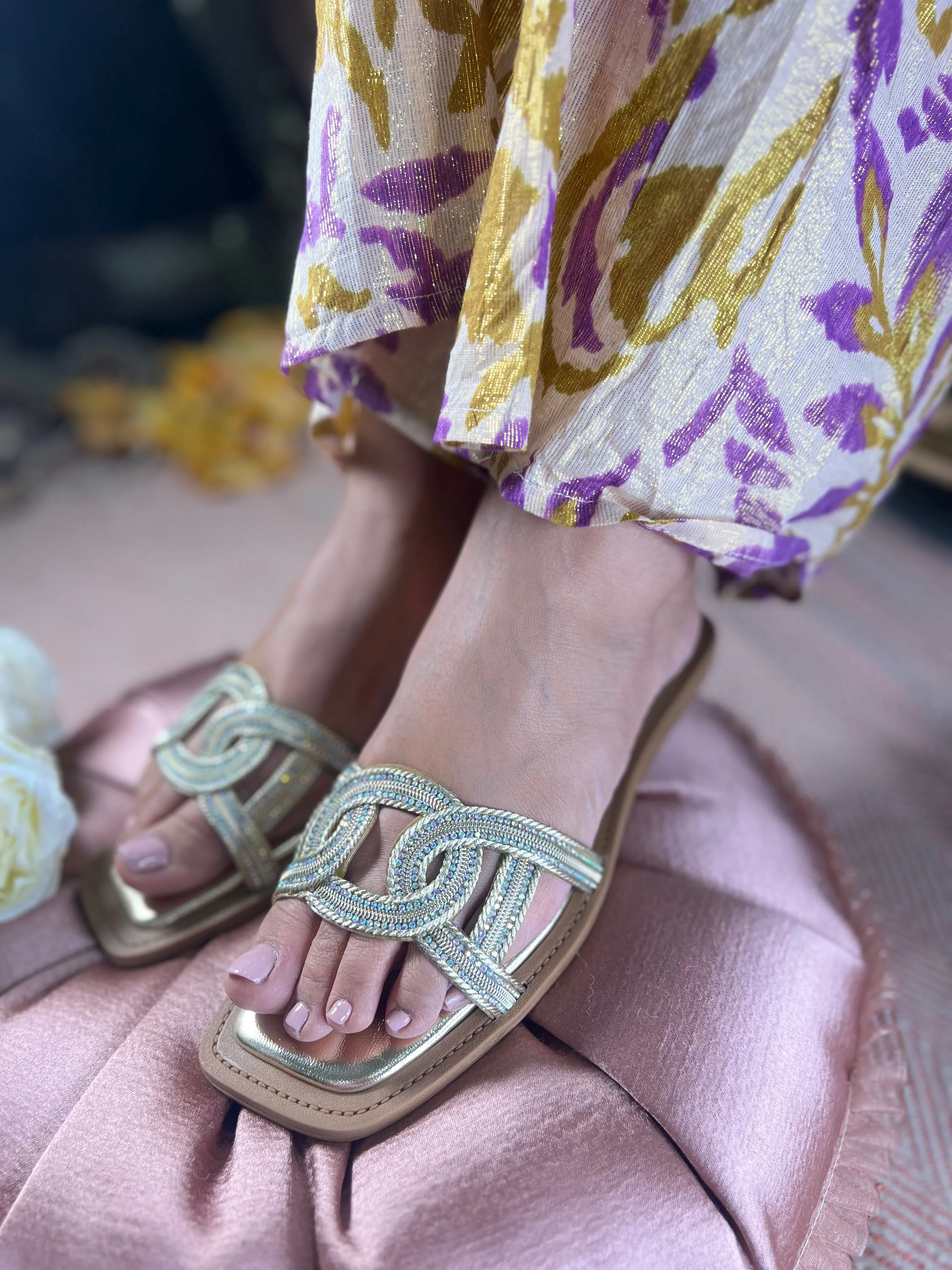 Elegant Golden-Grey Braided Sandals
