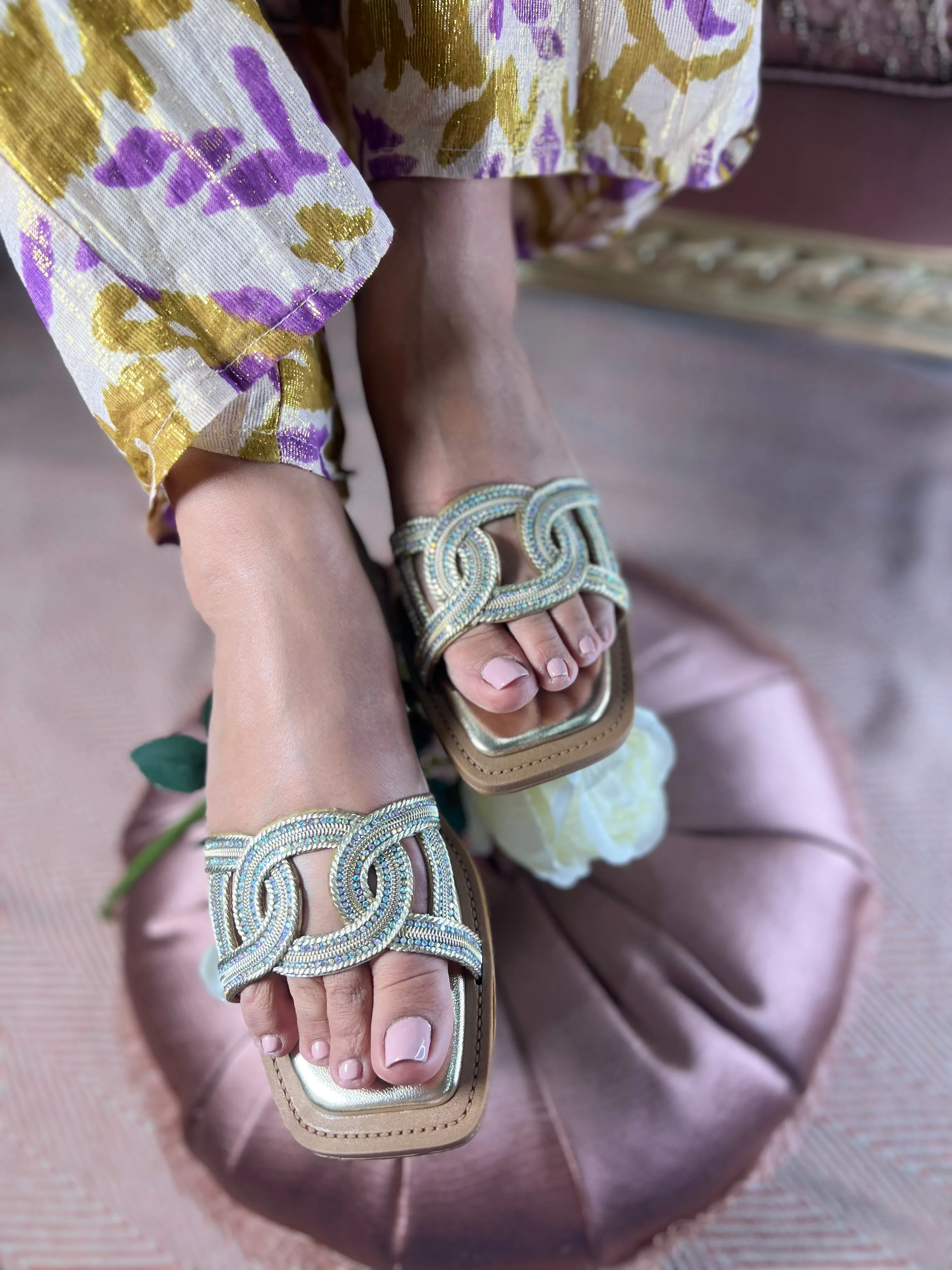 Elegant Golden-Grey Braided Sandals