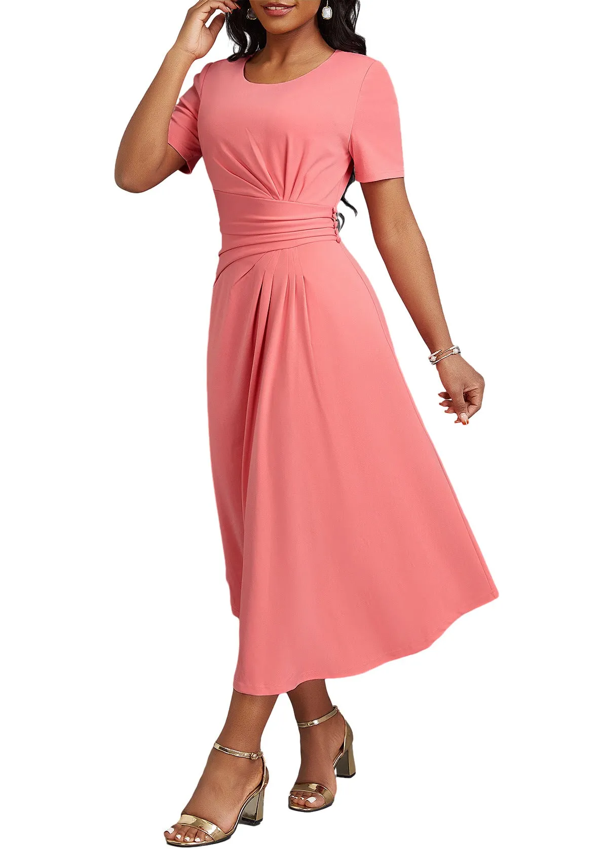 Elegant High-Waist Midi Dress with Flattering Pleat Details