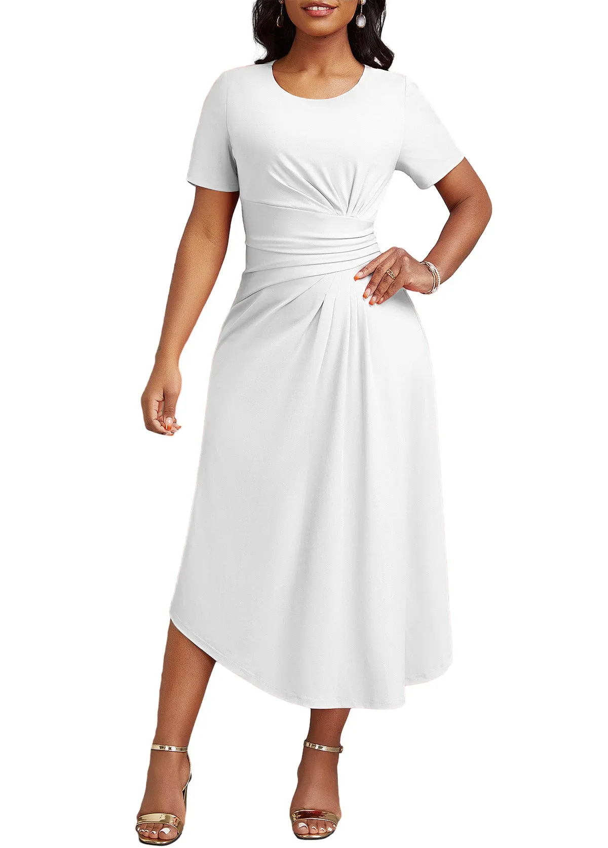 Elegant High-Waist Midi Dress with Flattering Pleat Details