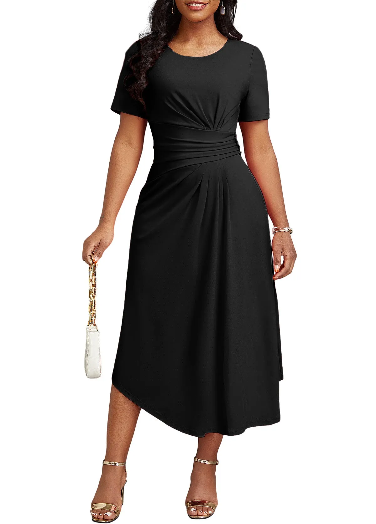 Elegant High-Waist Midi Dress with Flattering Pleat Details