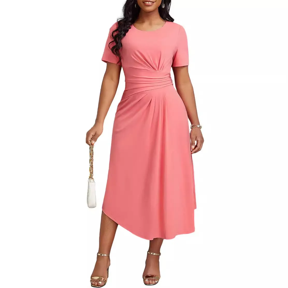 Elegant High-Waist Midi Dress with Flattering Pleat Details