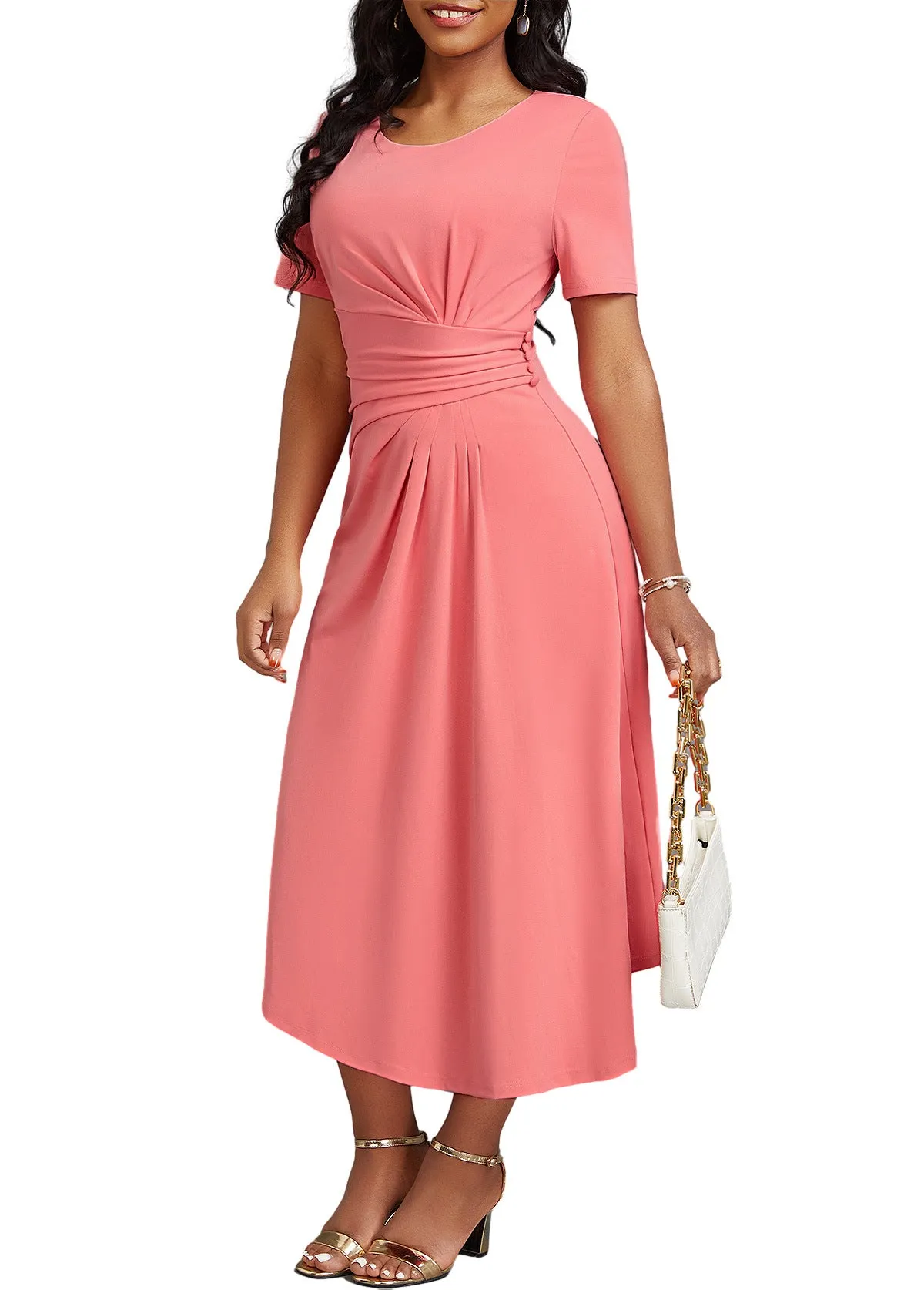 Elegant High-Waist Midi Dress with Flattering Pleat Details