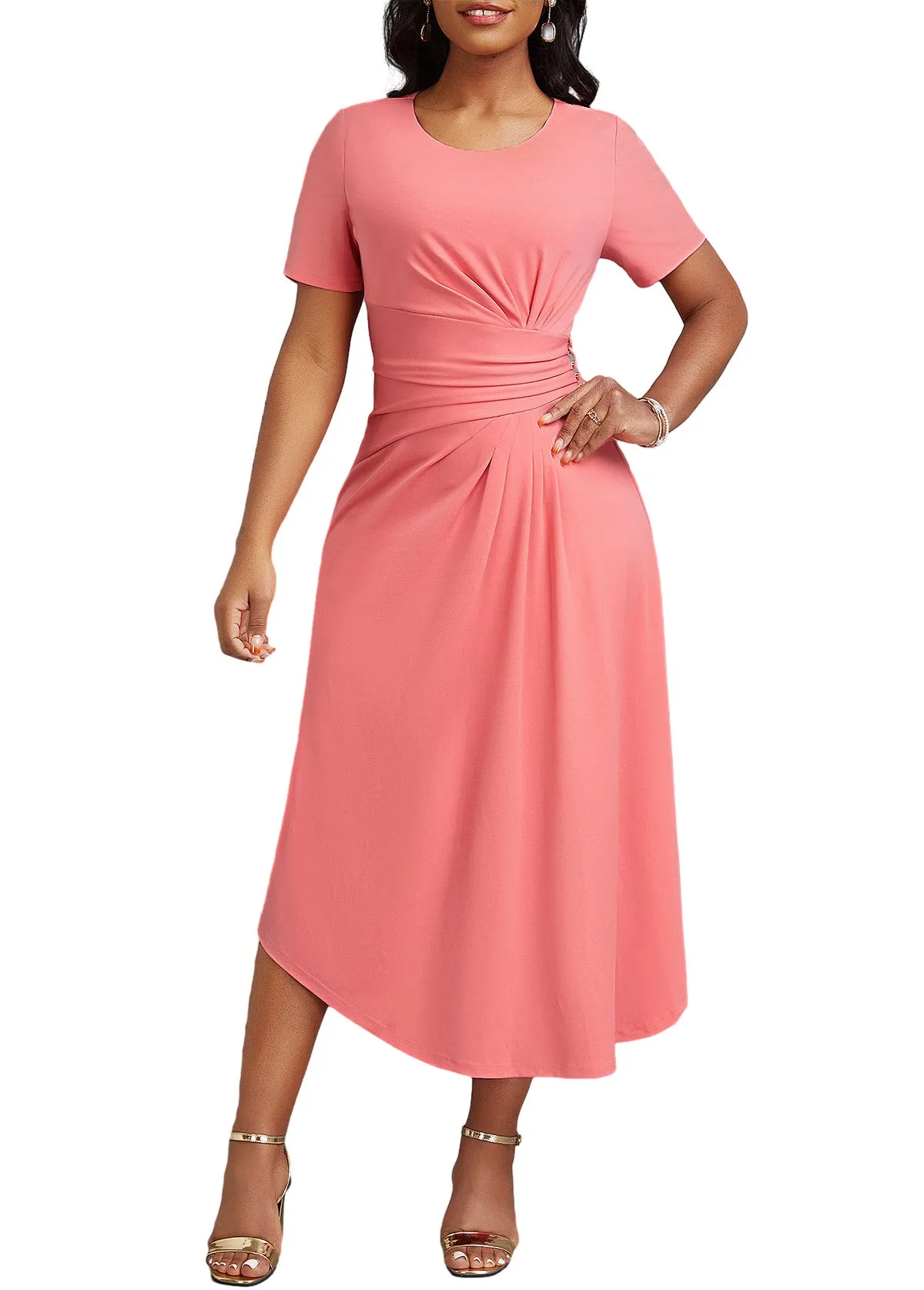 Elegant High-Waist Midi Dress with Flattering Pleat Details