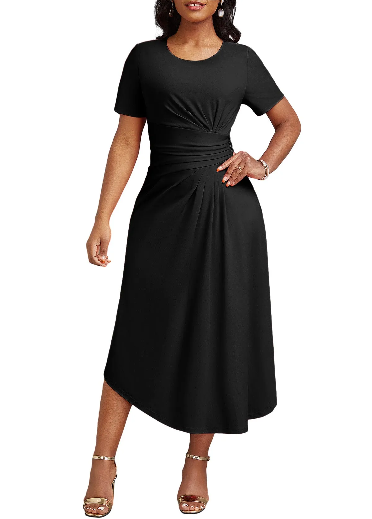 Elegant High-Waist Midi Dress with Flattering Pleat Details