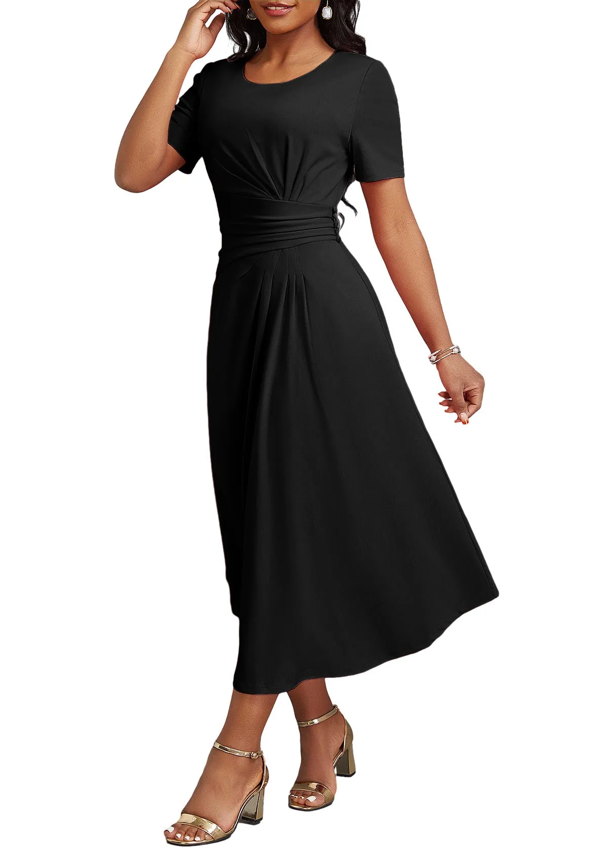 Elegant High-Waist Midi Dress with Flattering Pleat Details