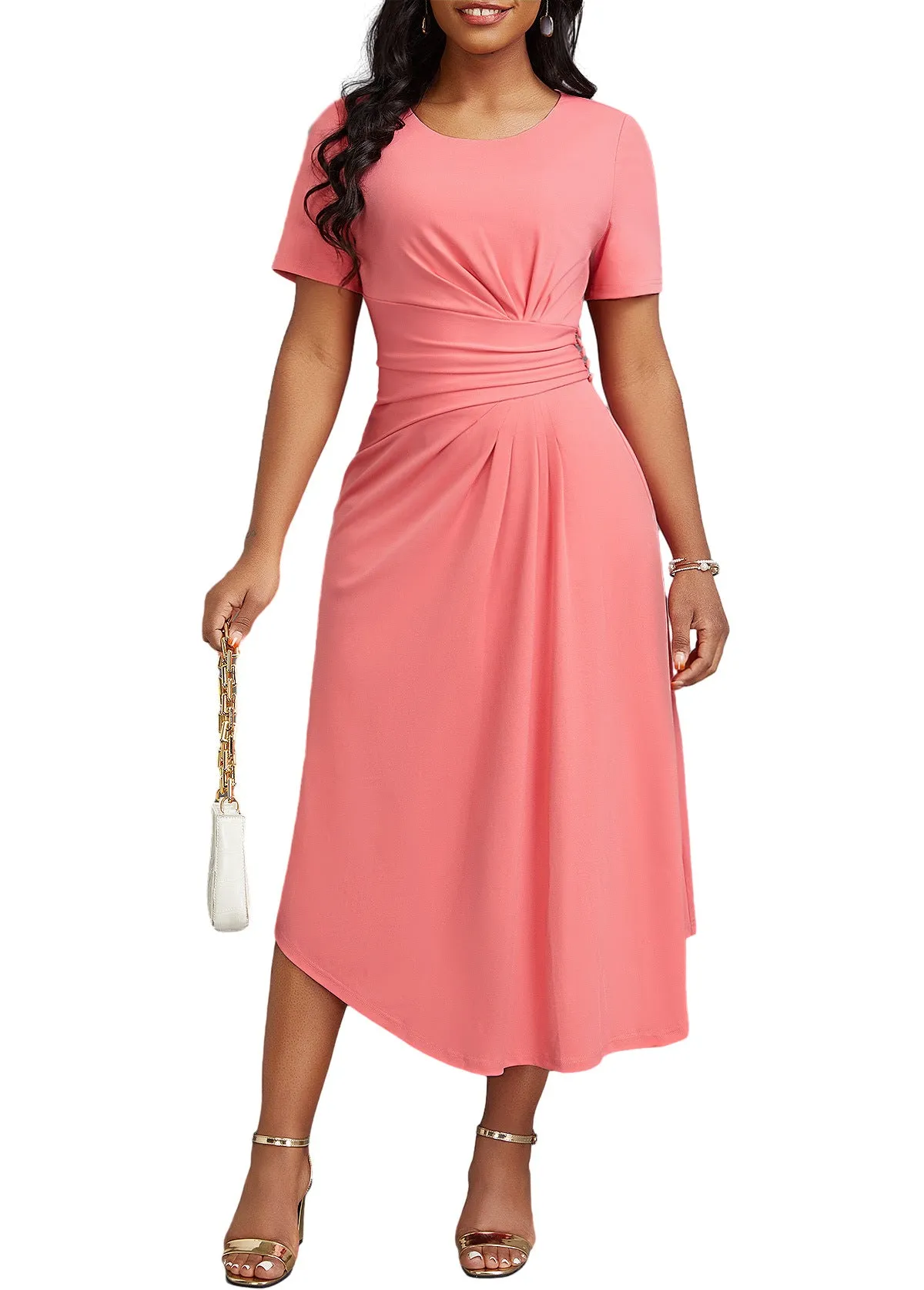 Elegant High-Waist Midi Dress with Flattering Pleat Details