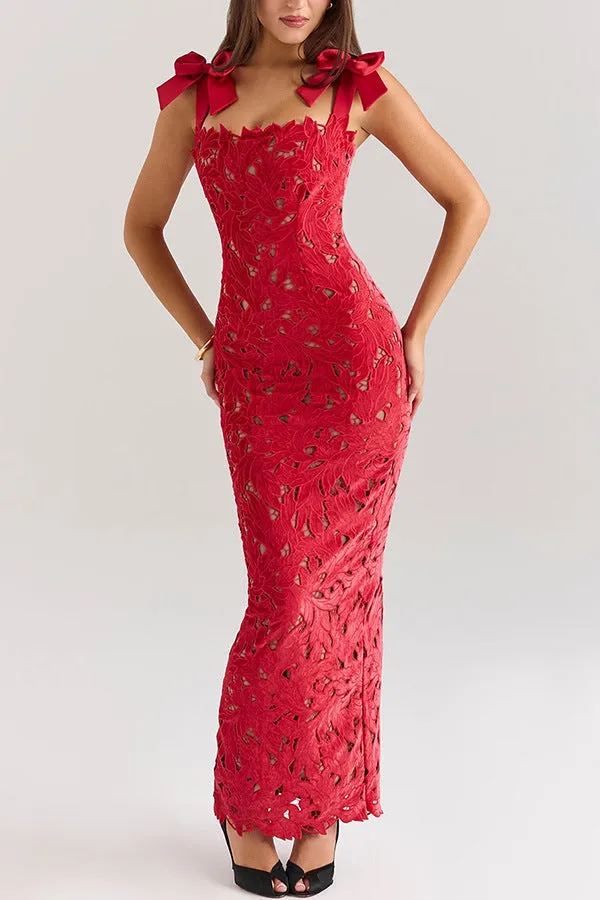 Elegant Lace Bodycon Dress with Bowknot Shoulder Details