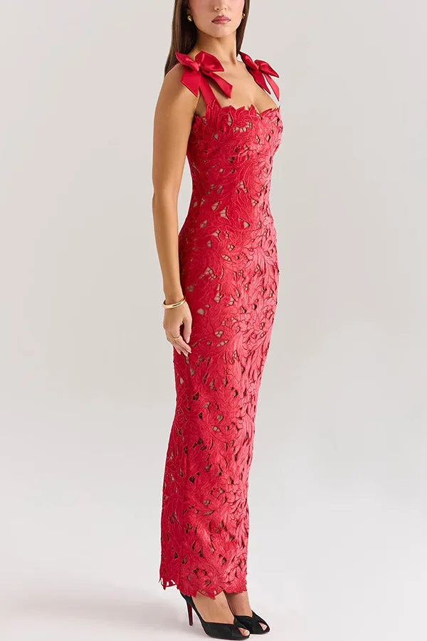 Elegant Lace Bodycon Dress with Bowknot Shoulder Details