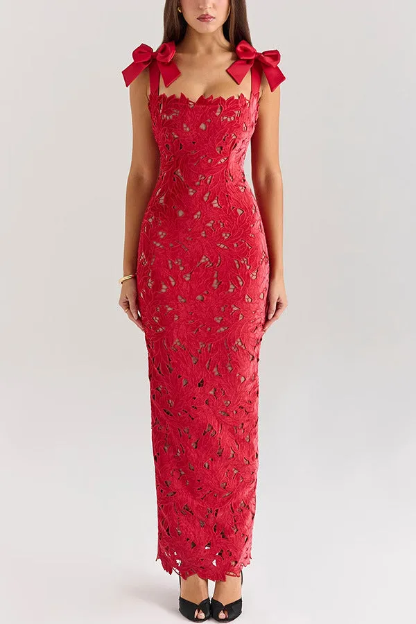 Elegant Lace Bodycon Dress with Bowknot Shoulder Details