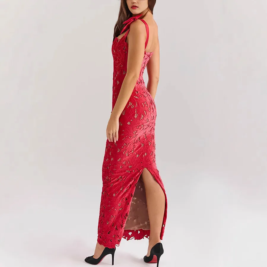 Elegant Lace Bodycon Dress with Bowknot Shoulder Details