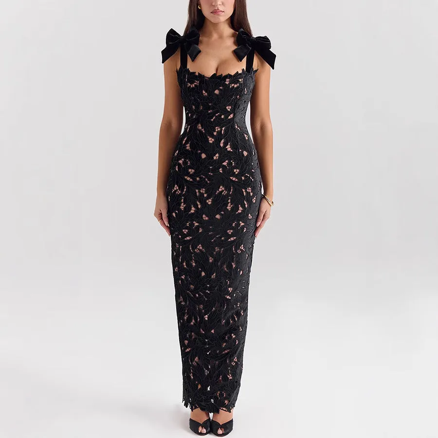 Elegant Lace Bodycon Dress with Bowknot Shoulder Details