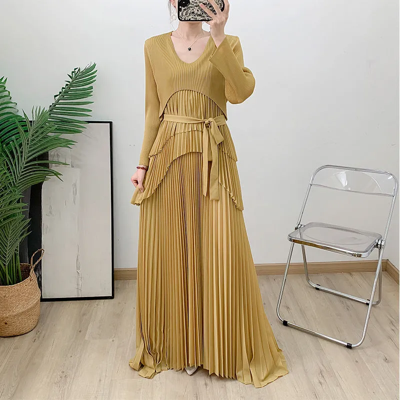 Elegant Long-Sleeve Pleated Maxi Dress with Waist Tie