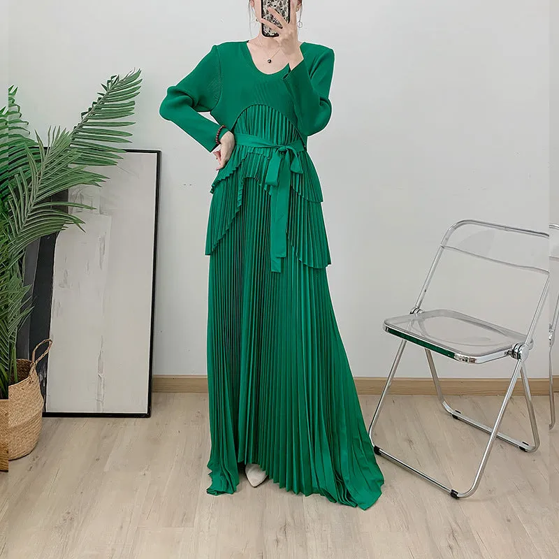 Elegant Long-Sleeve Pleated Maxi Dress with Waist Tie
