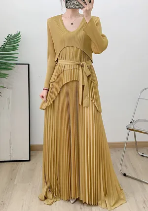 Elegant Long-Sleeve Pleated Maxi Dress with Waist Tie