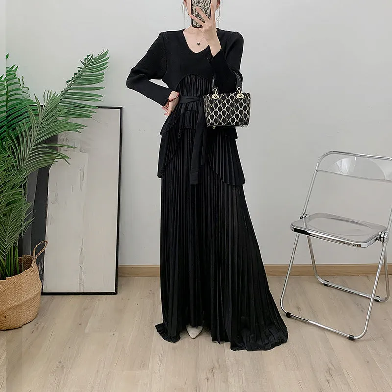 Elegant Long-Sleeve Pleated Maxi Dress with Waist Tie