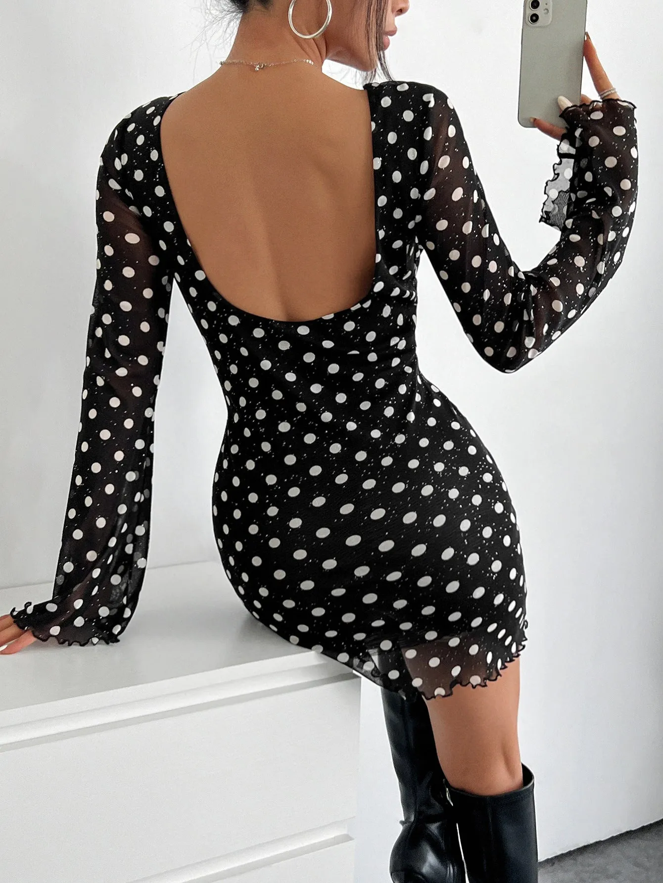 Elegant Mesh Polka Dot Long-Sleeve Dress with Low Back