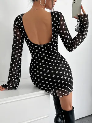 Elegant Mesh Polka Dot Long-Sleeve Dress with Low Back