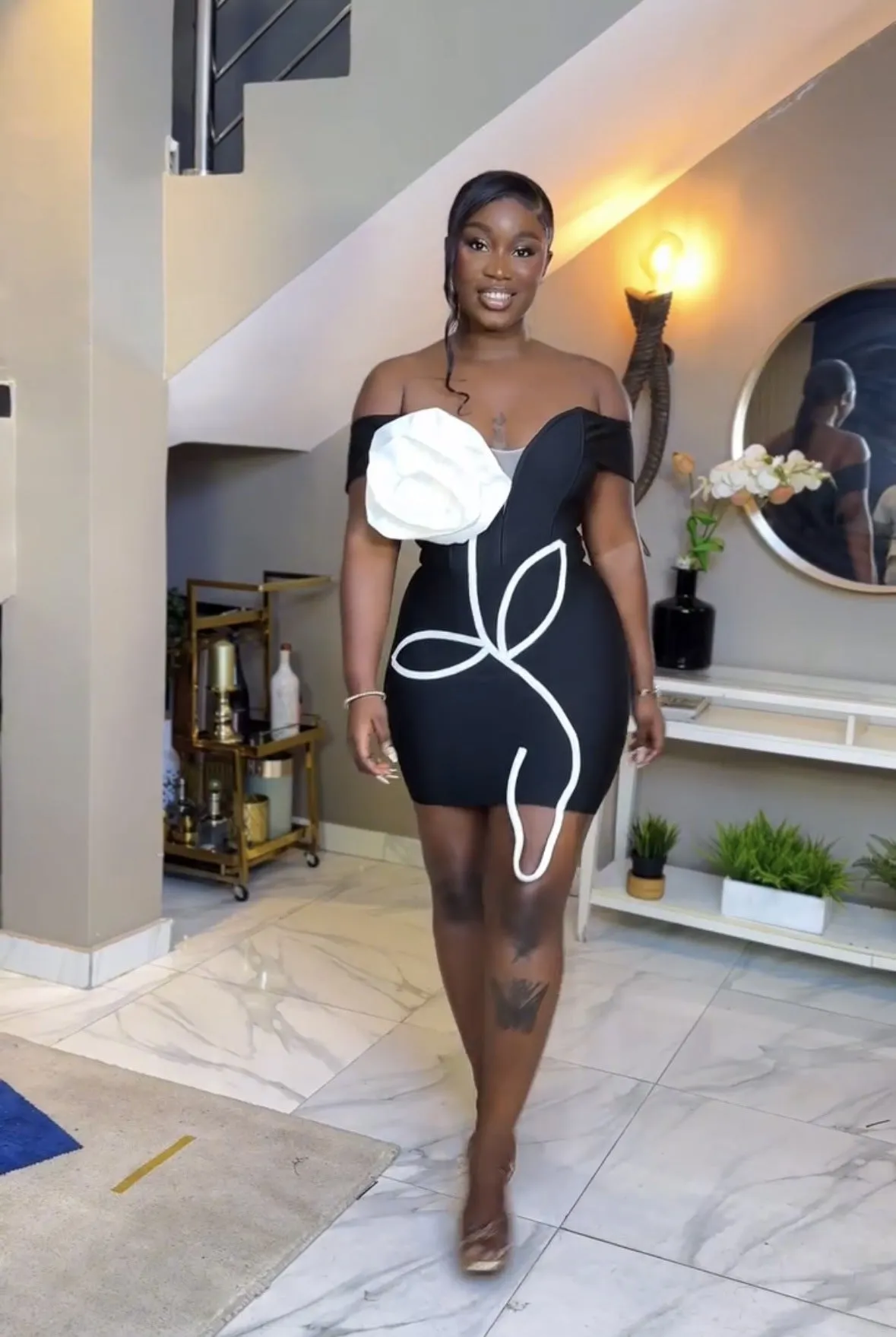 Elegant Off-Shoulder Bodycon Dress with 3D Floral Detail