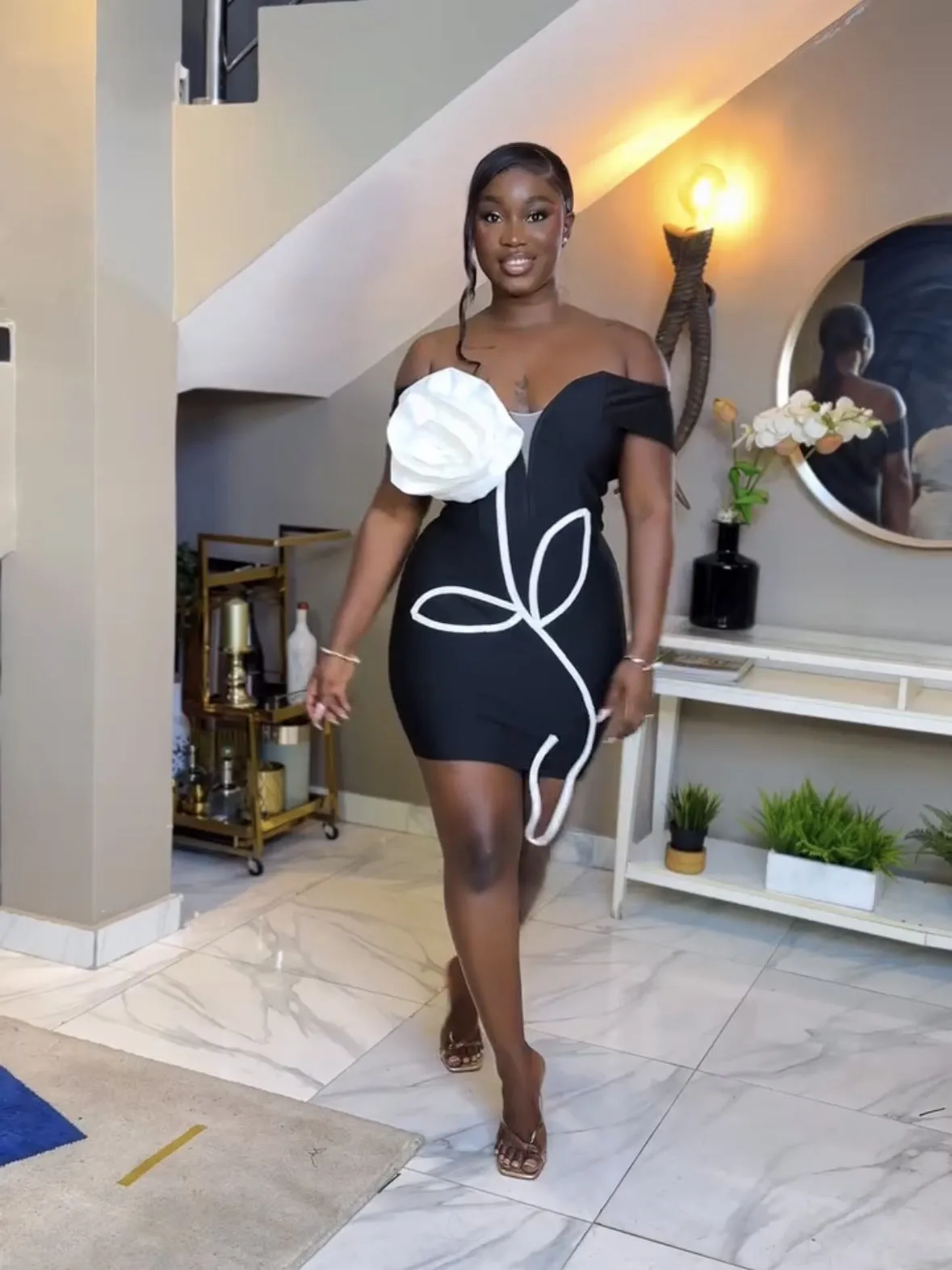 Elegant Off-Shoulder Bodycon Dress with 3D Floral Detail