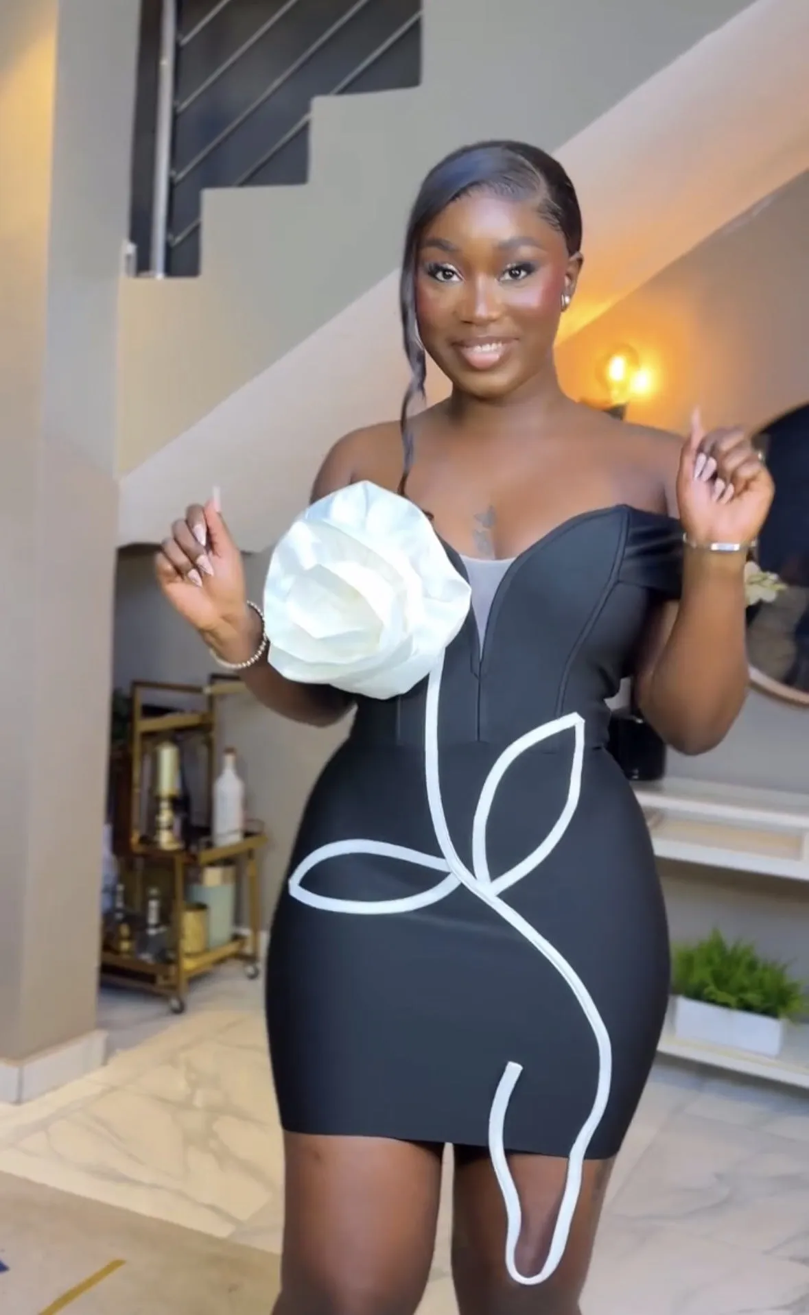 Elegant Off-Shoulder Bodycon Dress with 3D Floral Detail